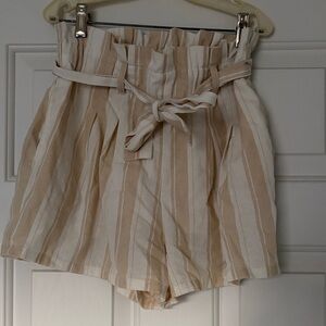 Chic High Waist Striped Shorts - Tan and White